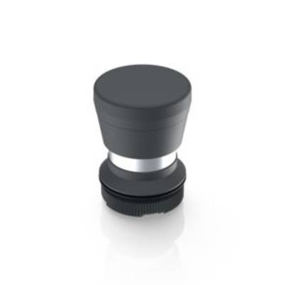 A black, cylindrical rotary knob with silver accents, on a reflective surface. Suitable for electronic devices.