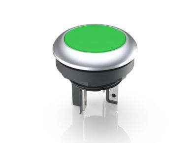 Round green button with silver rim and two underlying connections, likely for electronic devices.