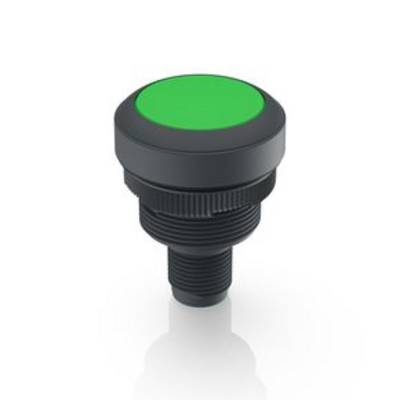 A round, green push button in a black housing, suitable for industrial control.