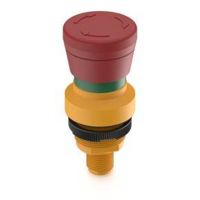 A red emergency stop button with a yellow housing and green ring, used for safety shutdown in machinery or plant equipment.