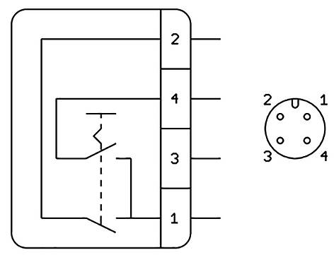 'Relay schematic with pin configuration: 1 through 4. Left shows relay coil and switch diagram; right depicts pin arrangement in a 4-pin layout.'