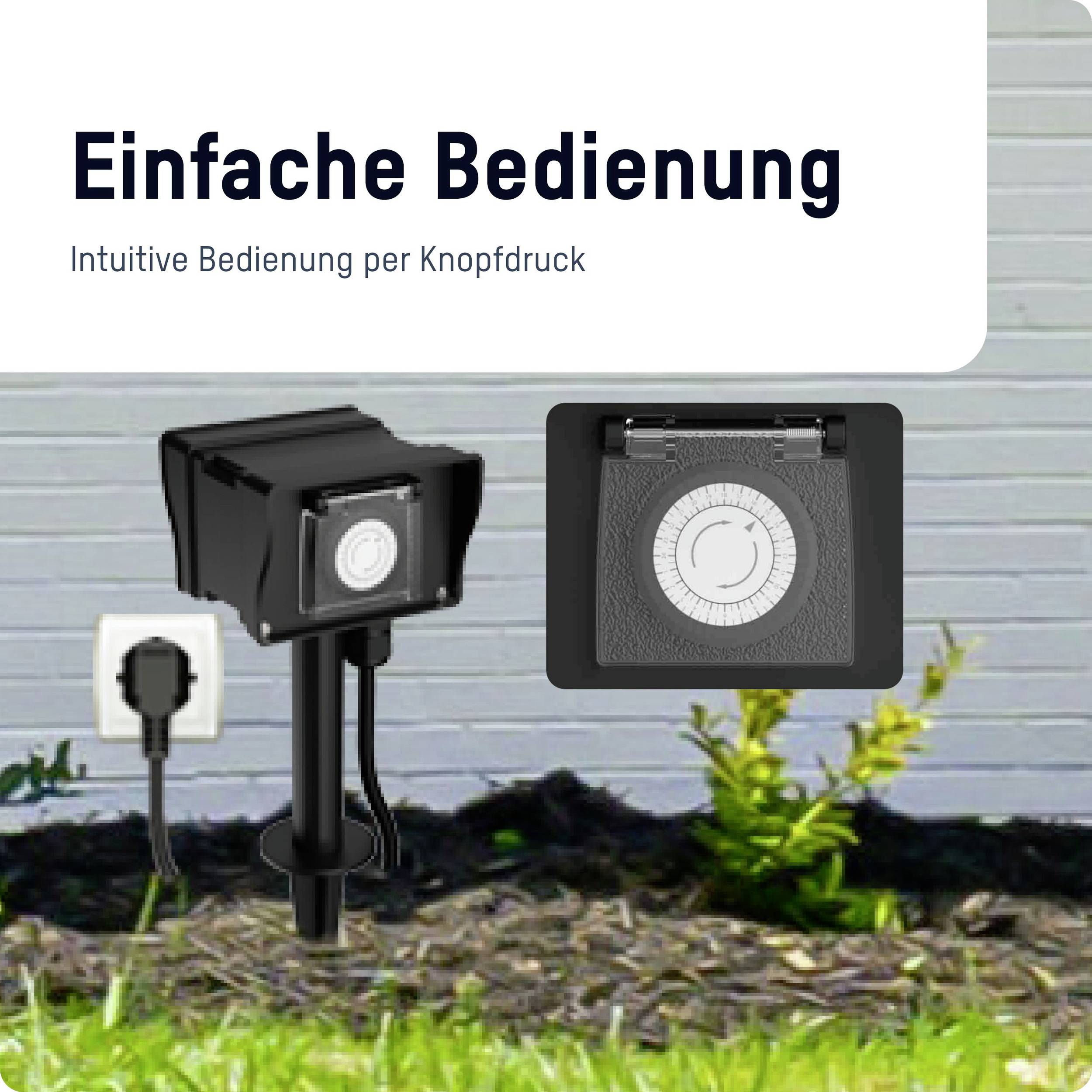 A black timer plug with clock display in front of a grey wall and plants. Text at the top: 'Simple Operation' and 'Intuitive Operation at the Touch of a Button'.