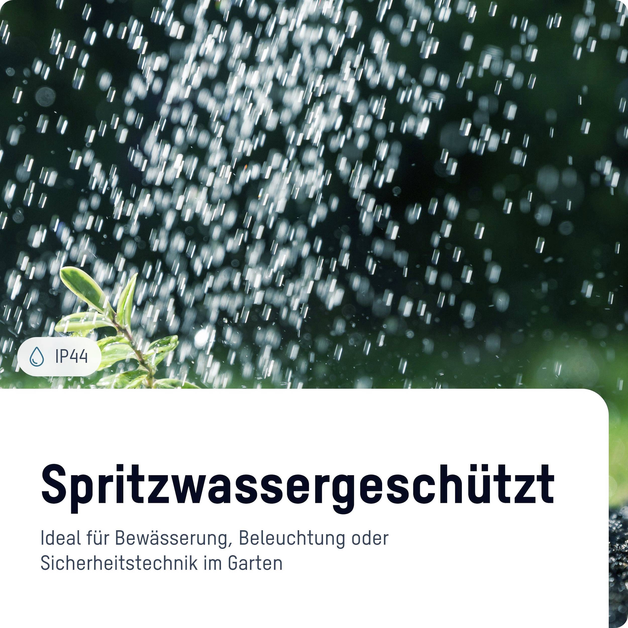 'Water-resistant' Text on a card, with raindrops and a leaf in the background. Indication of use in the garden.