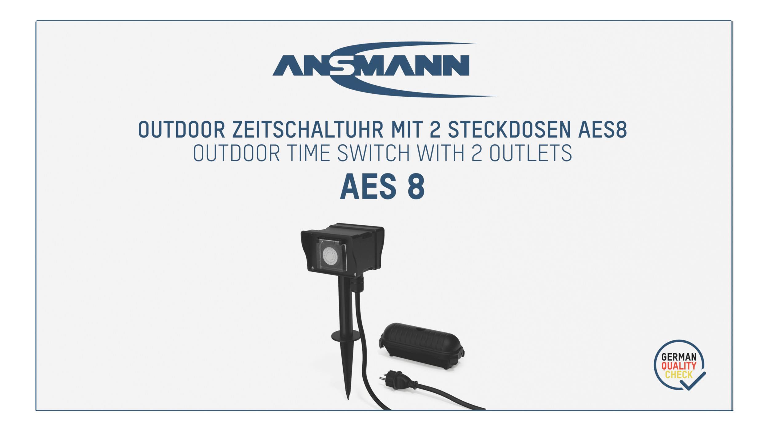 'Outdoor Timer AES8 with 2 Sockets for Outdoor Use, Including Ansmann Logo, Product Photo with Accessories.'