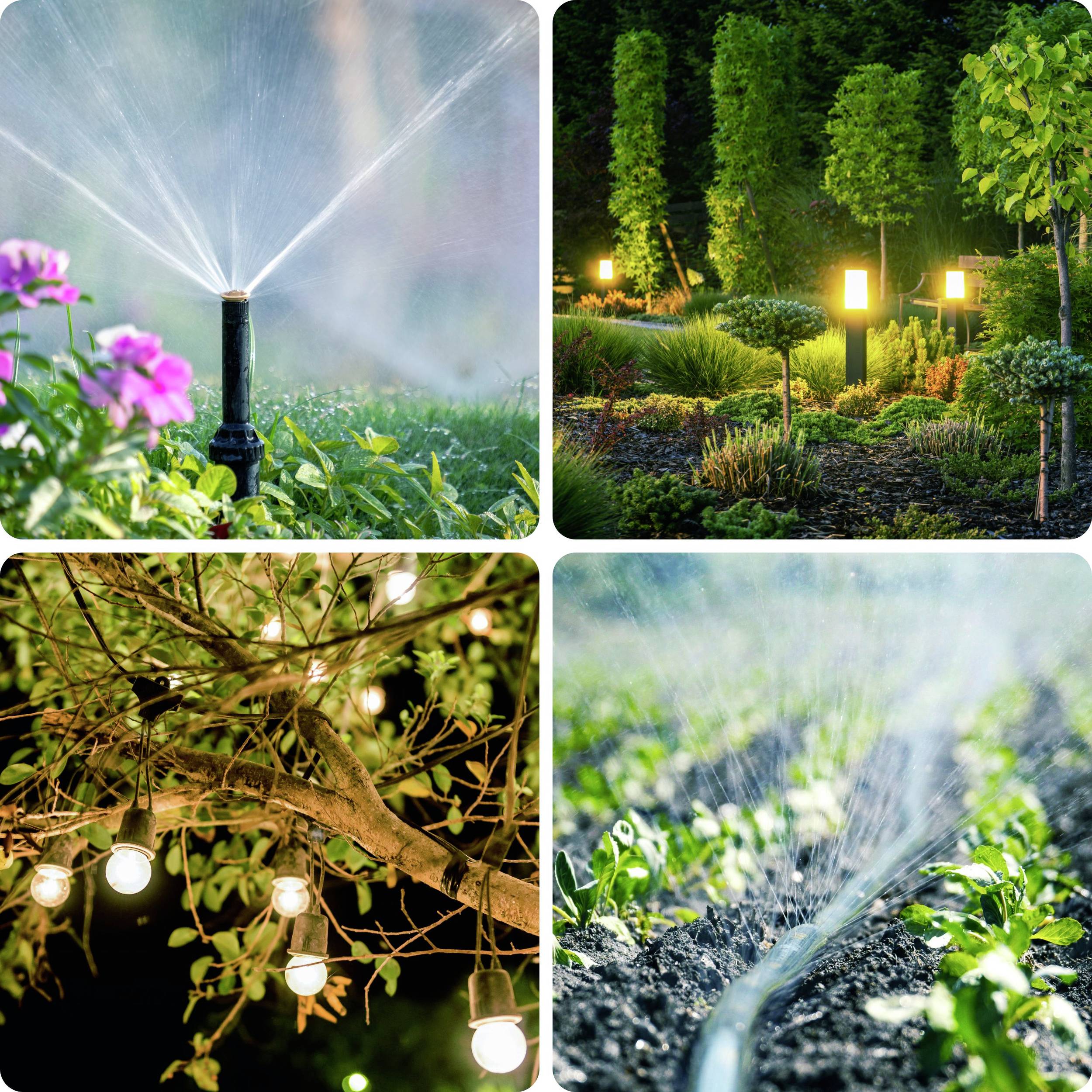Four images: Top left, a lawn sprinkler in a garden; top right, illuminated garden paths; bottom left, decorative lights in a tree; bottom right, irrigation of a field.