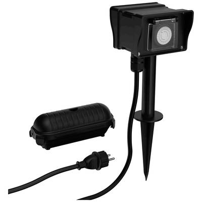 Black outdoor timer plug with ground spike, cable and socket. Perfect for garden lighting or electrical devices.