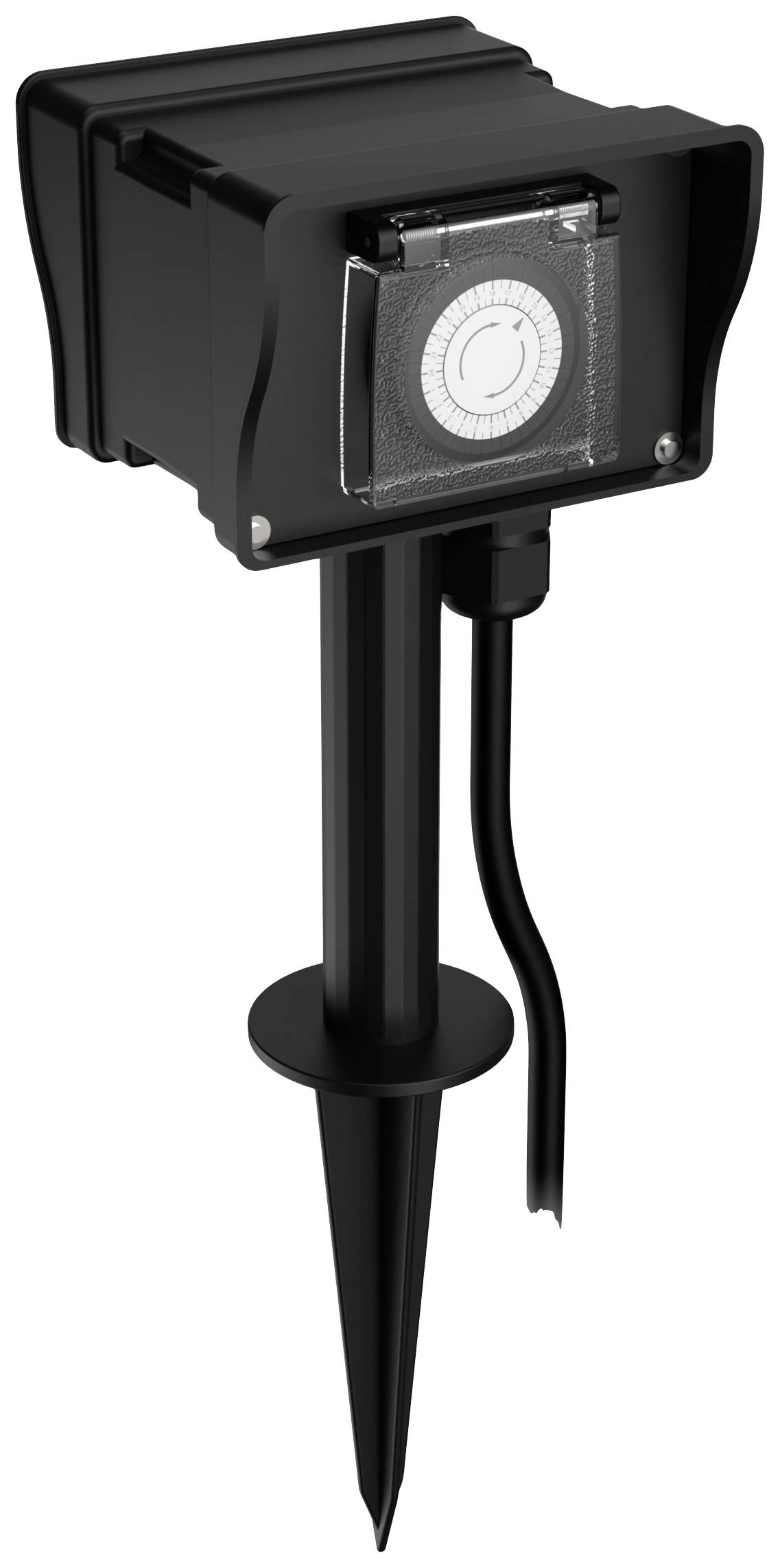 Black and grey mechanical timer with ground spike and socket connection, suitable for outdoor use.