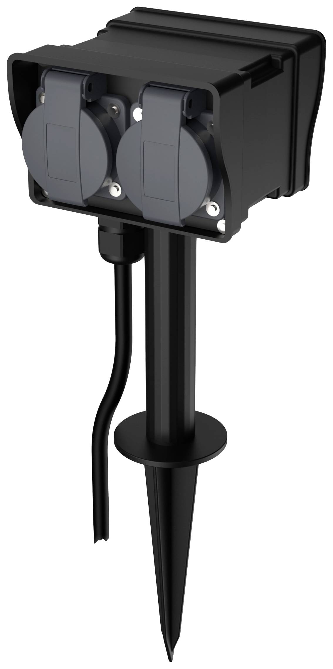 Double outdoor socket with ground spike, black housing, two protective covers and cable. Suitable for garden lighting.