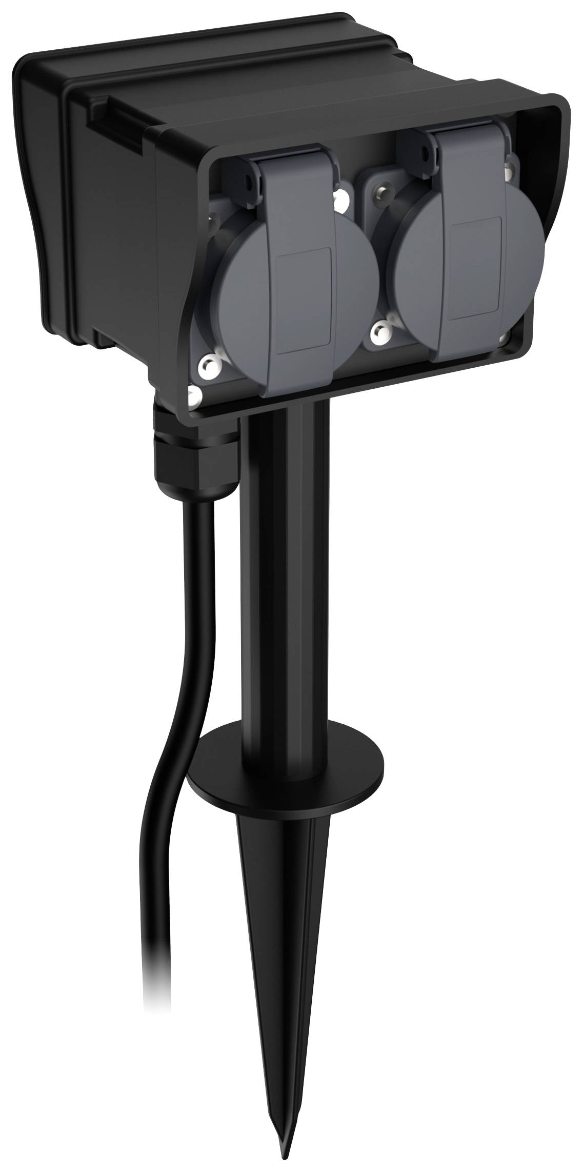 Black outdoor socket with two plug sockets and a spike for ground mounting. Suitable for garden or outdoor areas.