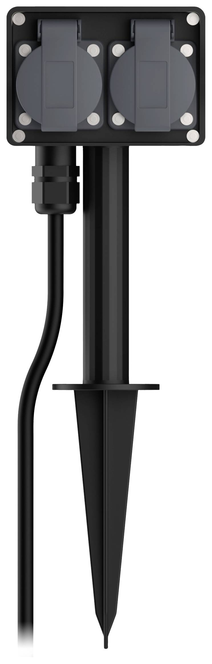 A black outdoor double socket with ground spike and protective covers; suitable for garden use.