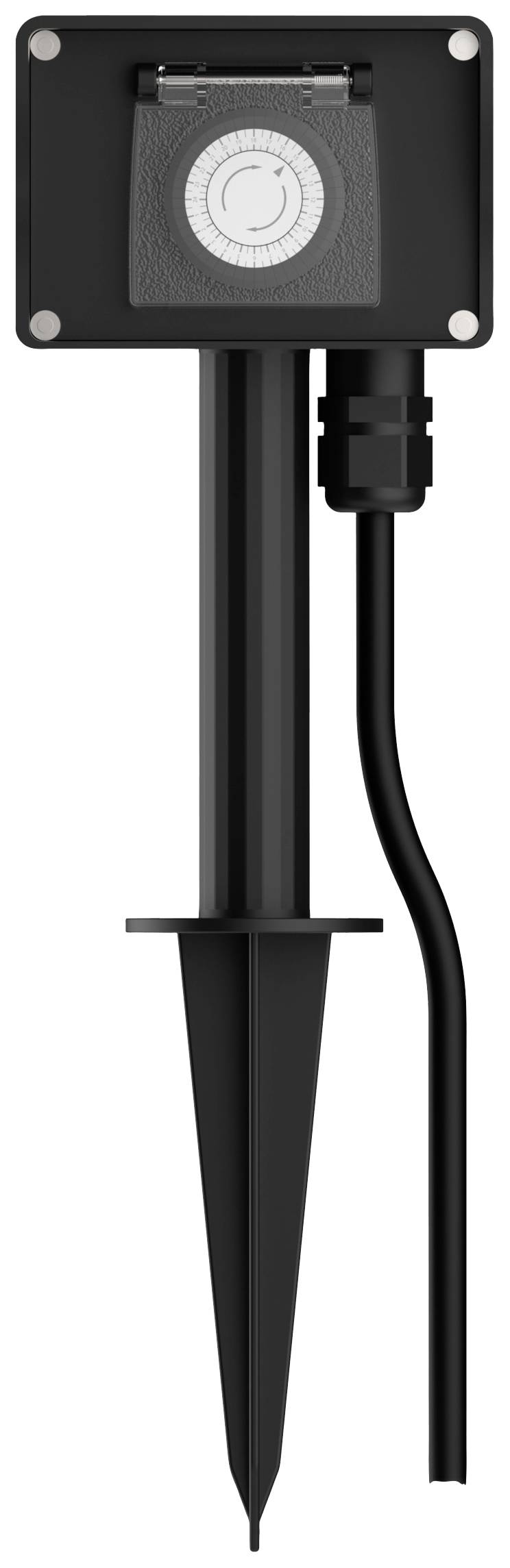 A black timer with a rotary dial and cable, mounted on a pointed stake, suitable for outdoor use in gardens.
