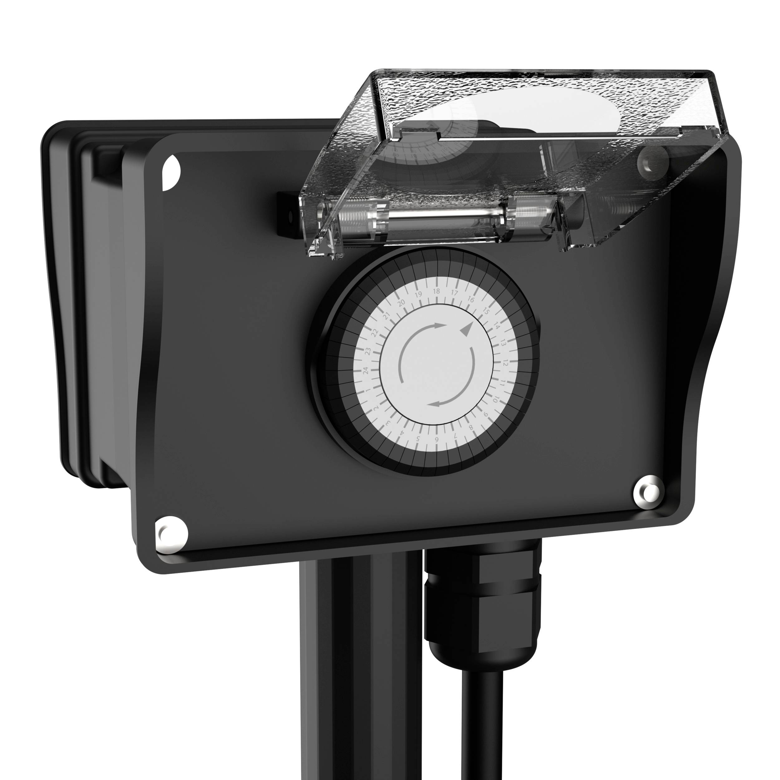 Black and grey time switch with a rotatable disc and transparent cover, mounted on a stand.