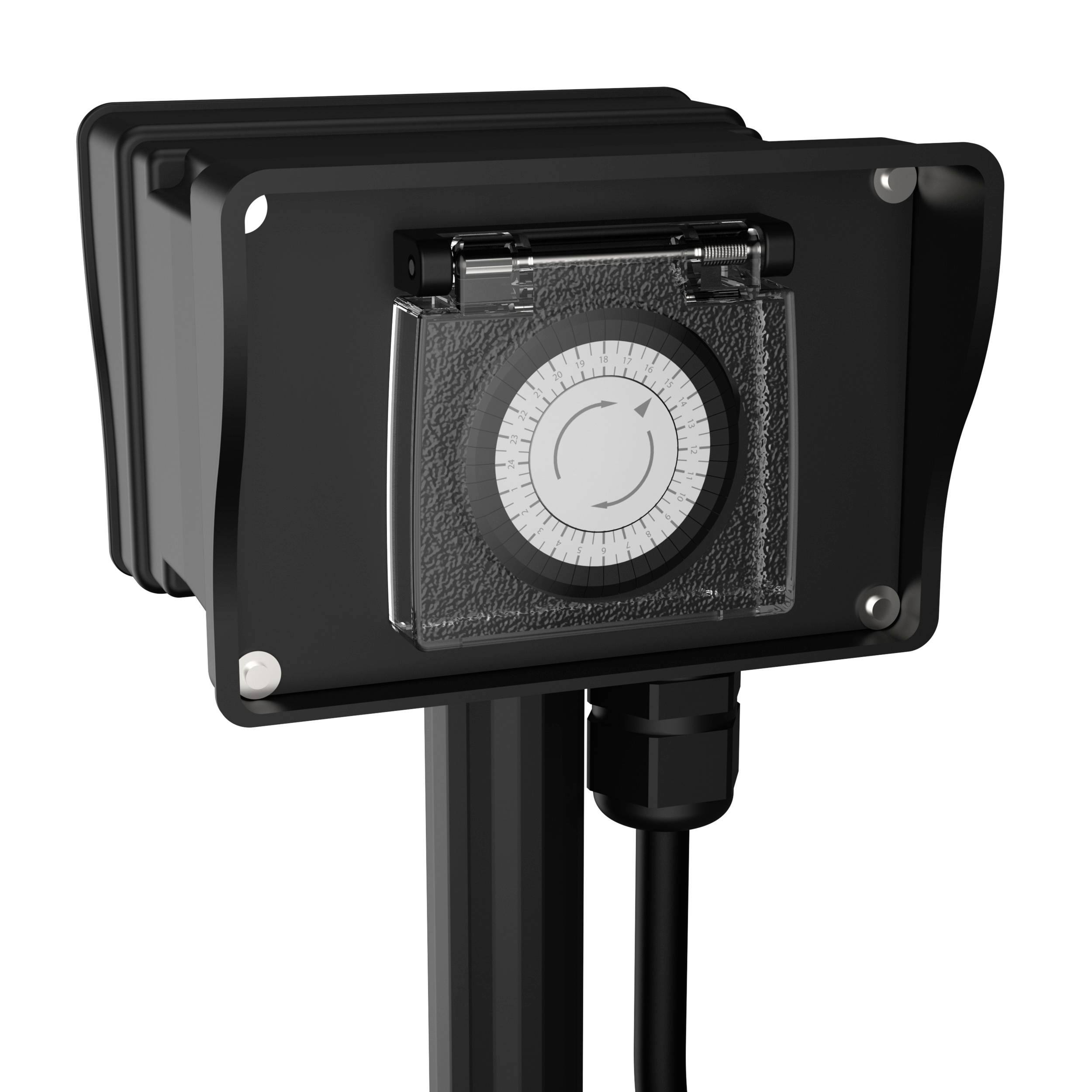 A black electric timer with a rotary dial and transparent cover, mounted on a pillar, suitable for outdoor use.