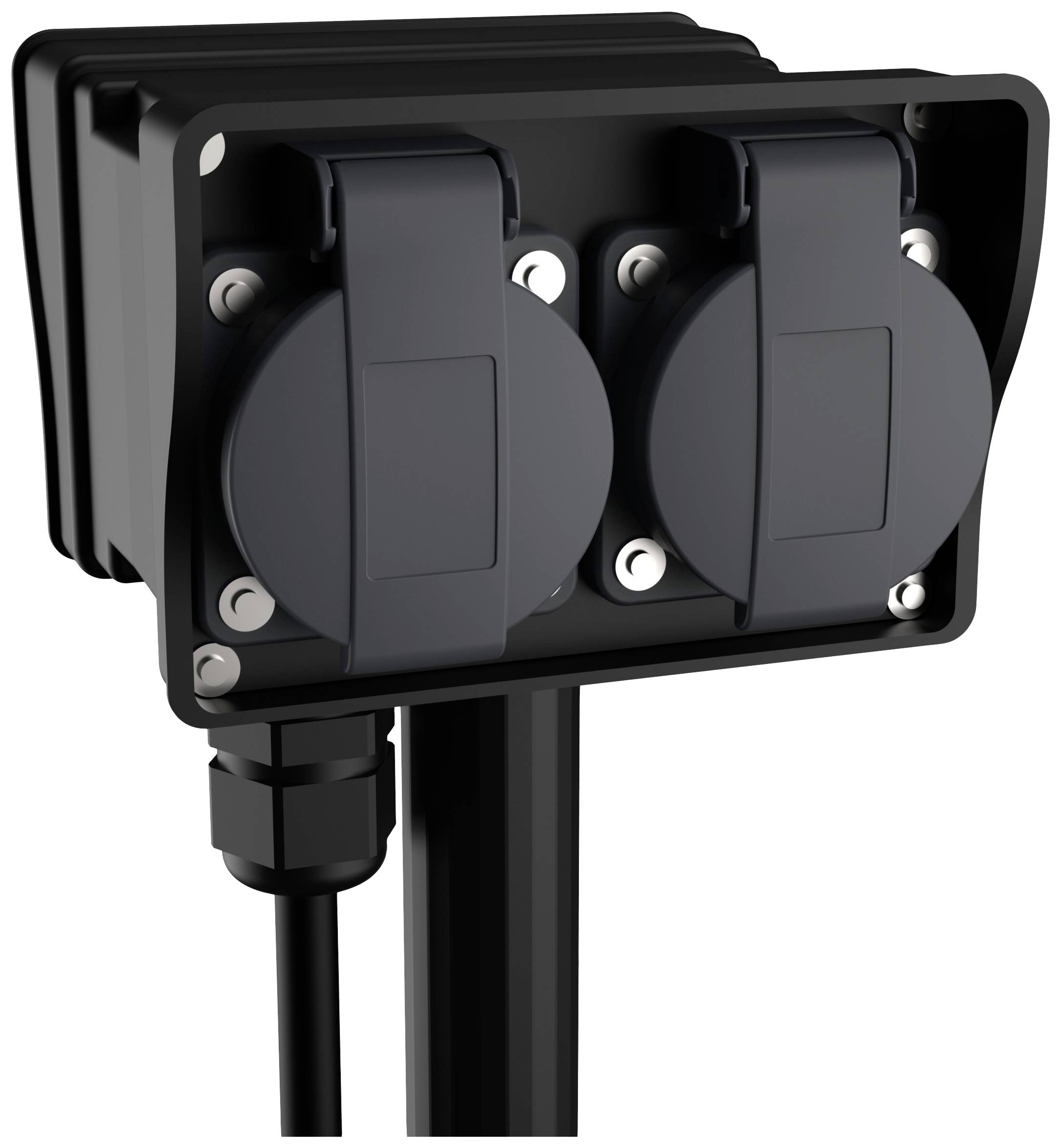 Two black, weatherproof external power sockets with covers, mounted on a black cable.