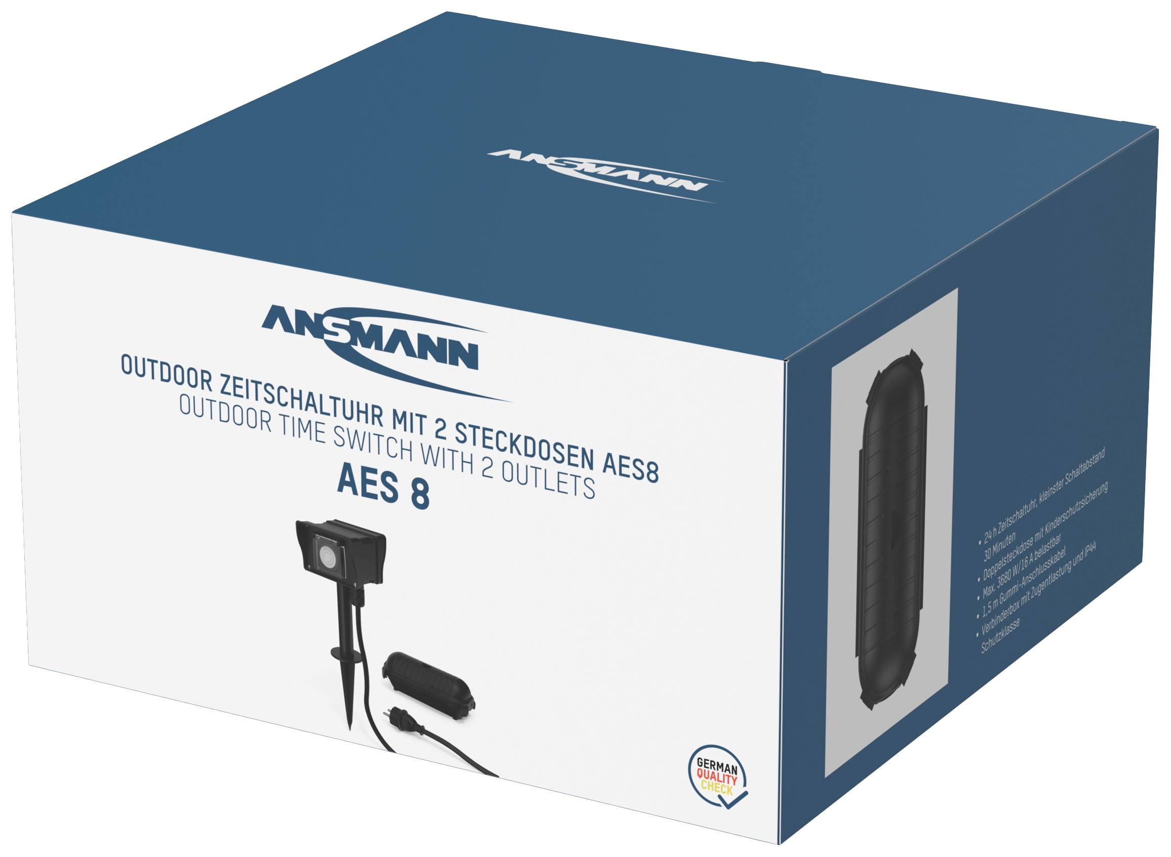 'Ansmann Outdoor Time Switch with 2 Sockets AES8' on the packaging, showing an image of the product, including a German quality seal.