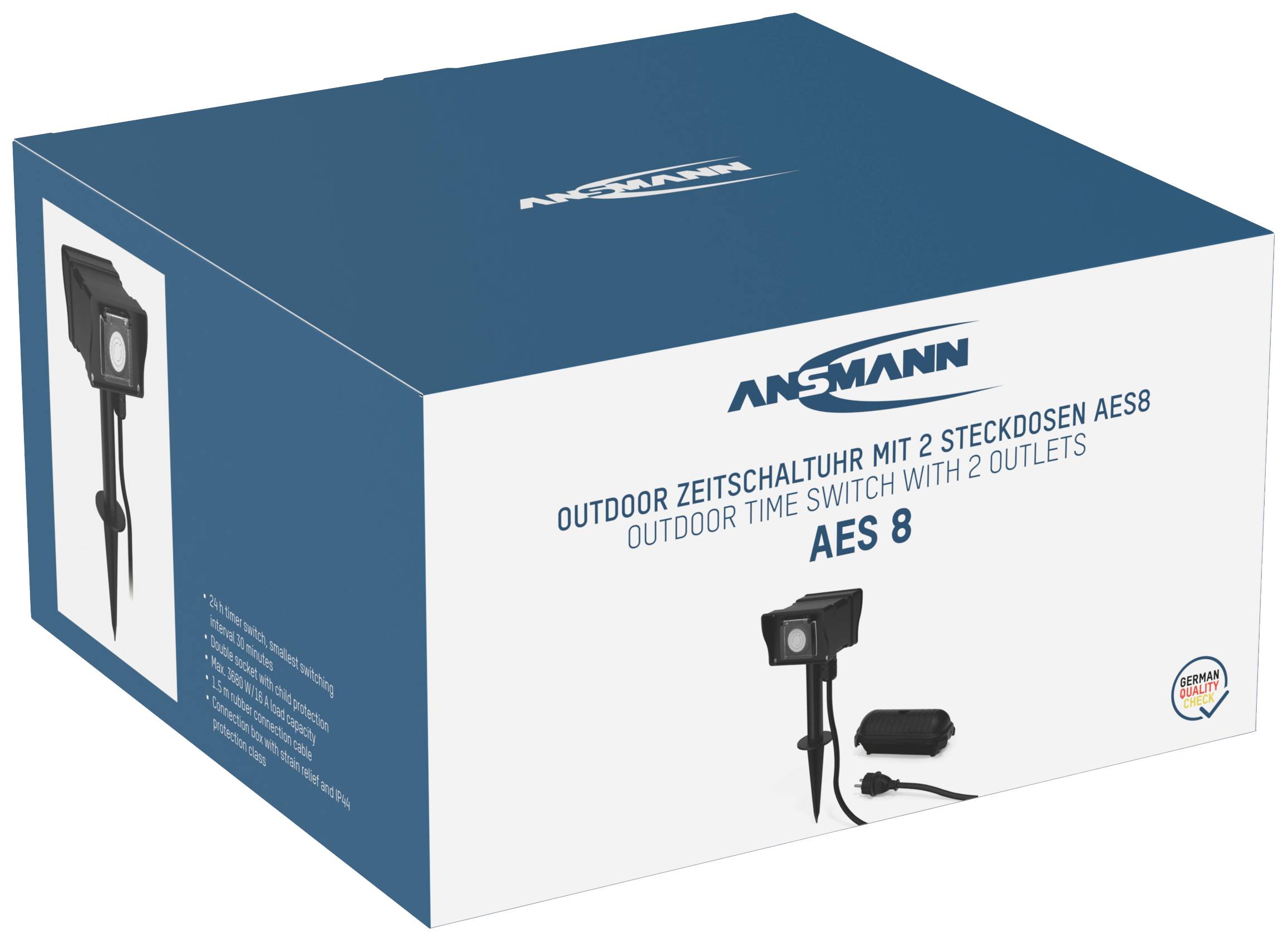 Packaging of an Ansmann brand product, the 'Outdoor Timer with 2 Sockets AES8', is depicted in blue and white.