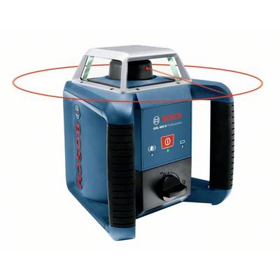 A blue, professional Bosch rotary laser with a red laser beam for precise levelling. Main power switch and handle visible.
