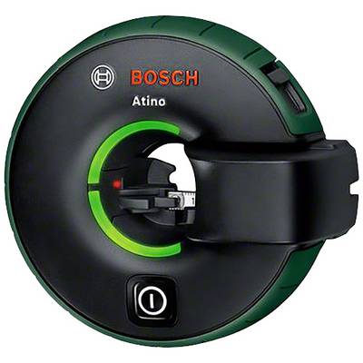 'Bosch Atino' laser spirit level with green and black casing, illuminated on/off switch, and targeting device.