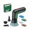 'Bosch Cordless Screwdriver Spin' with accessories and original packaging. Included are brush attachments, polishing pads, and a USB charging cable.