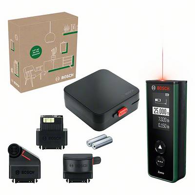 'Bosch Zamo' Laser Distance Measure Set: Includes laser device, box, batteries and adapter. Measures distances and calculates areas.