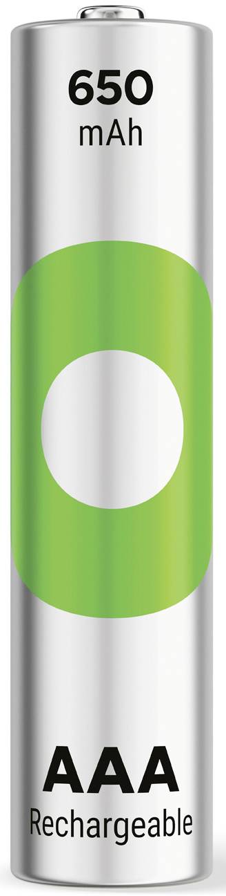 'Rechargeable AAA battery, 650 mAh capacity, with green circular element on the casing.'