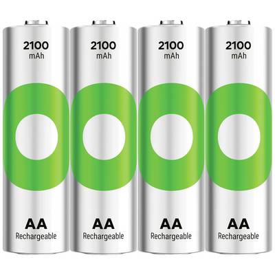 Four rechargeable AA batteries with 2100 mAh capacity, arranged in a row, with a green circular pattern.