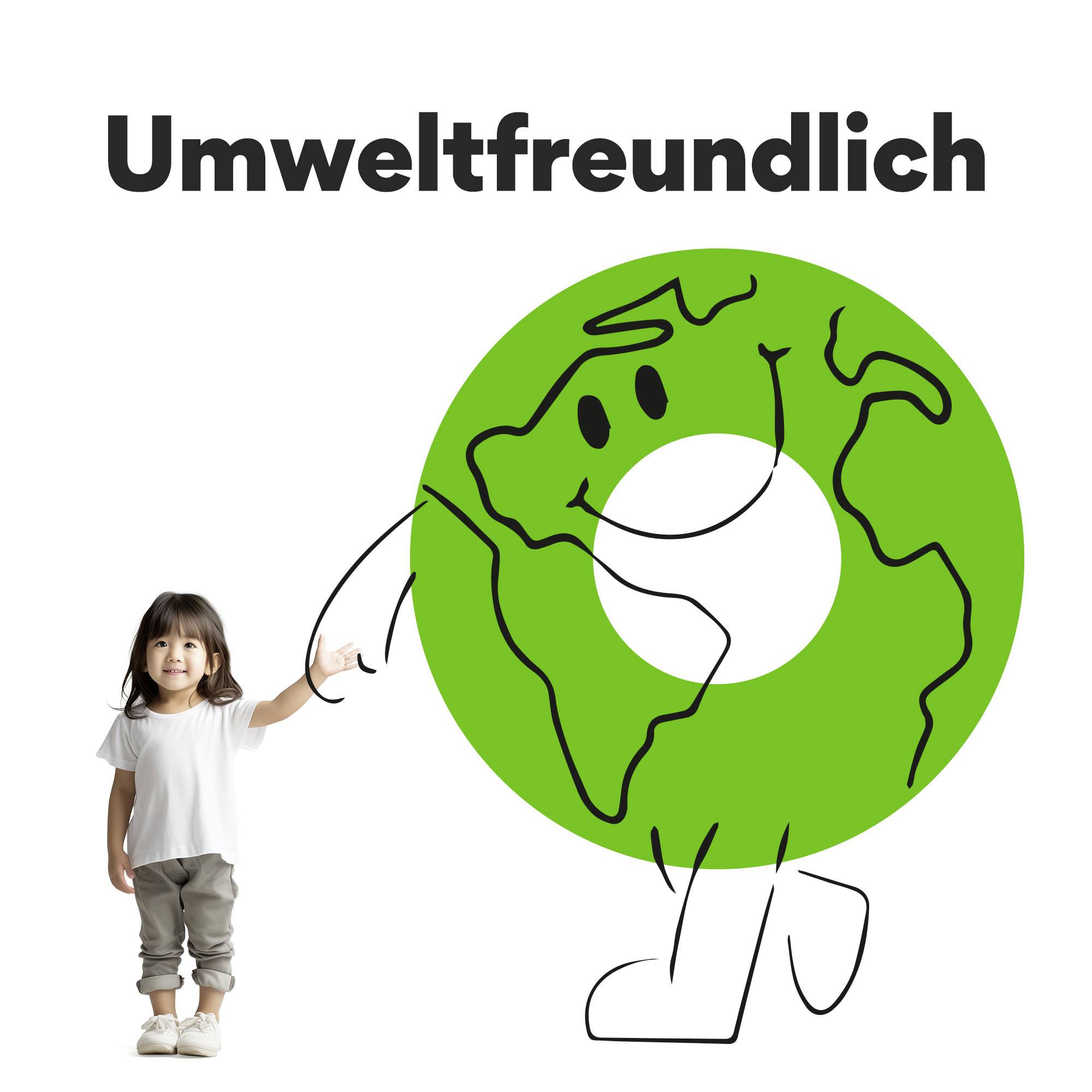 A smiling, drawn globe with arms and legs is holding the hand of a little girl. Above it reads 'Environmentally Friendly'.