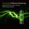 'Low self-discharge. Retains up to 80% of its capacity. Stays charged for longer.' A battery in front of a background with green lightning bolts.
