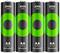 Four rechargeable AA batteries, each with a 2000 mAh capacity, with a green and black design, displayed side by side.