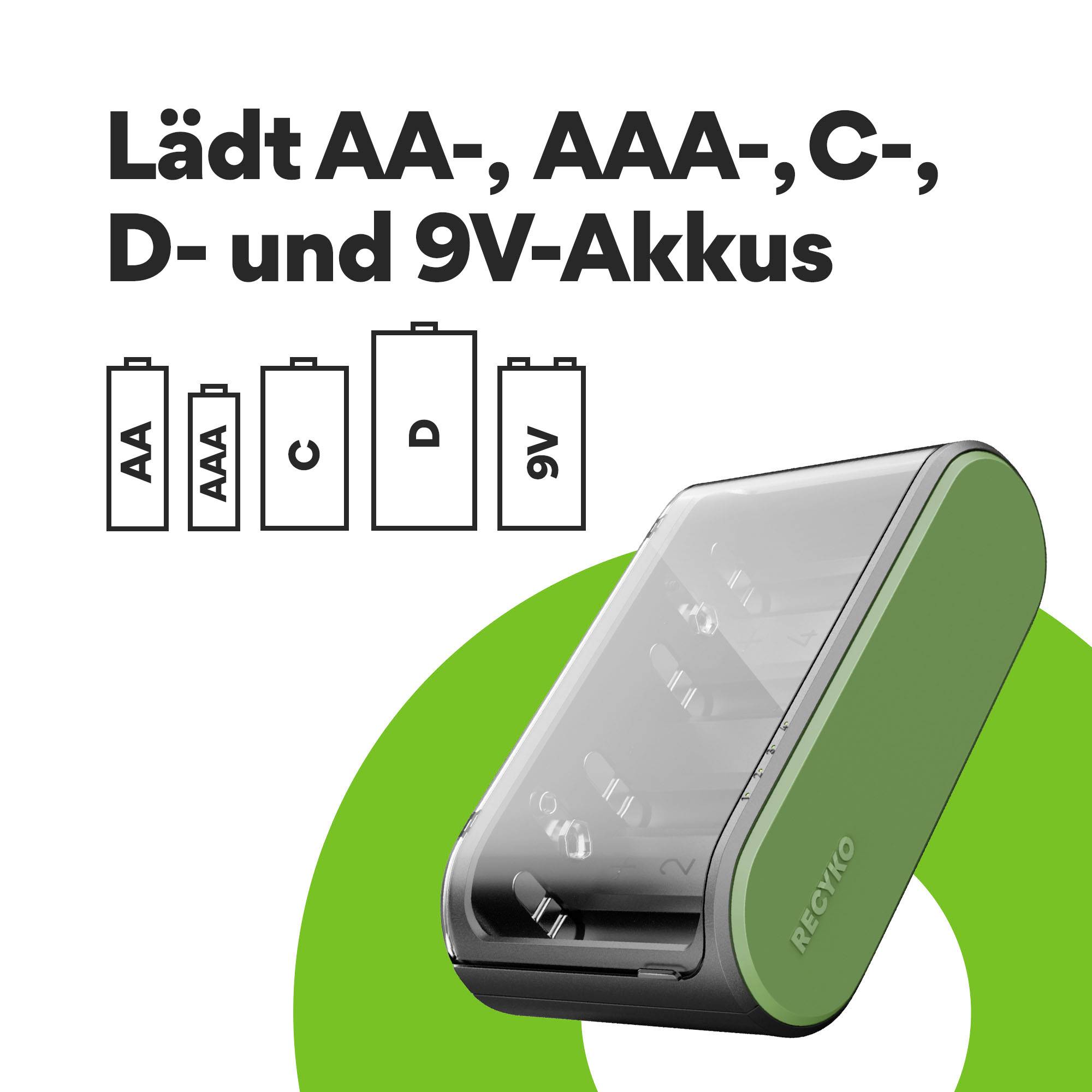 Battery charger and symbol for AA, AAA, C, D and 9V batteries; resolves charging issues for multiple battery sizes.