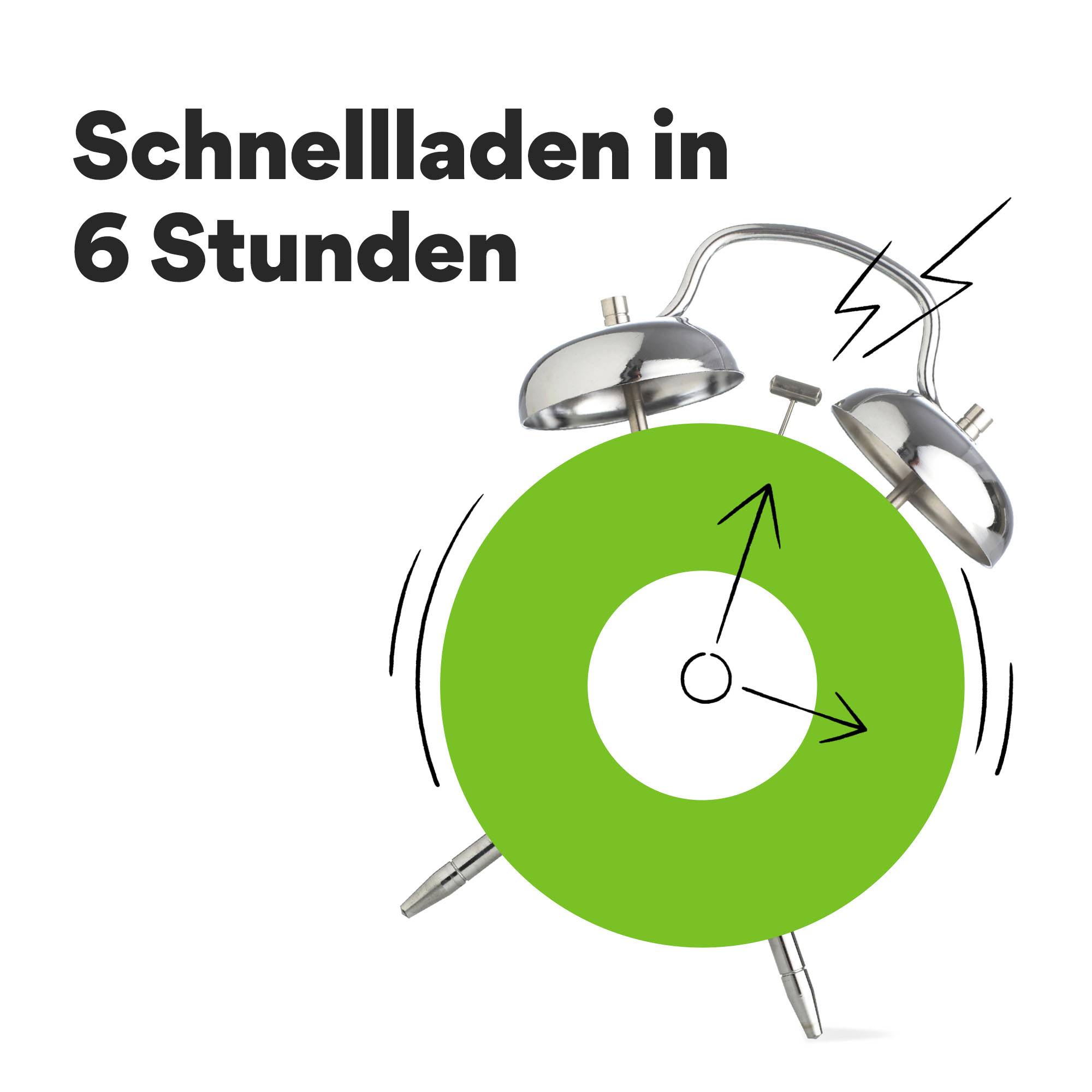 A green alarm clock with hands pointing to the dial. Text beside it: 'Fast charging in 6 hours'.