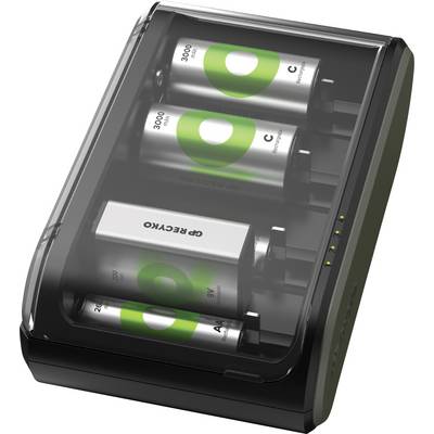 A battery charger with four batteries of different sizes, which glow green and display numbers. Charging progress is shown on the side.