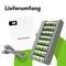The image shows a battery charger with eight green-silver batteries, a USB cable, and an 'Instruction Manual' against a green background.
