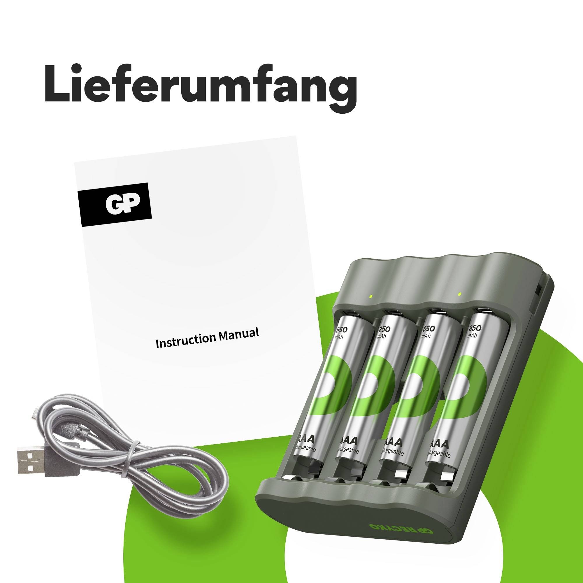 Charger with four AA batteries, USB cable and instruction manual. At the top it says 'Scope of Delivery'.