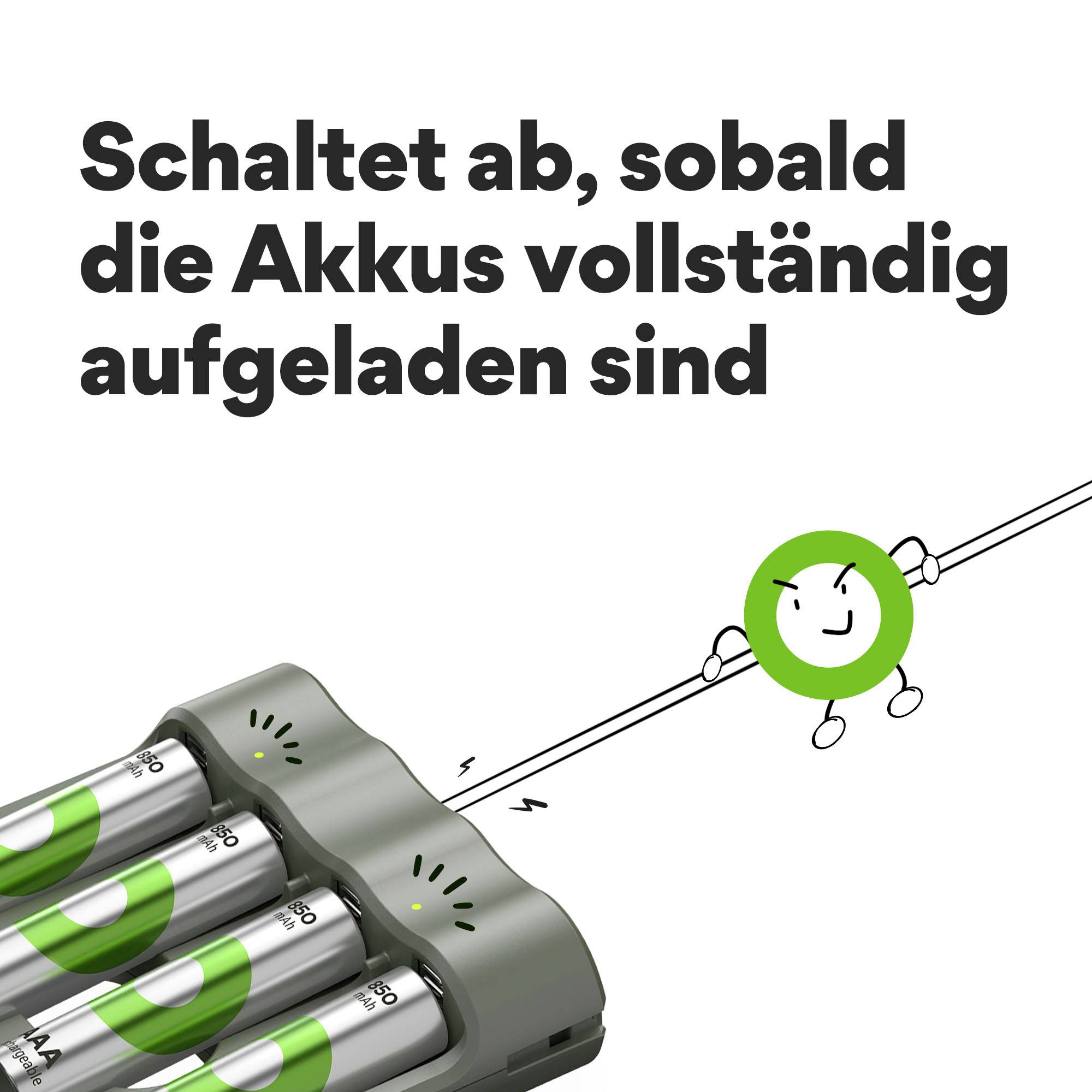 Charger with four fully charged batteries. Text: 'Switches off once the batteries are fully charged'. Animation of a plug pulling out a plug.