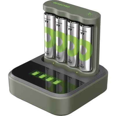 'Battery charger with four AA batteries inserted, with green light illuminating on the digital display to indicate the charging process.'