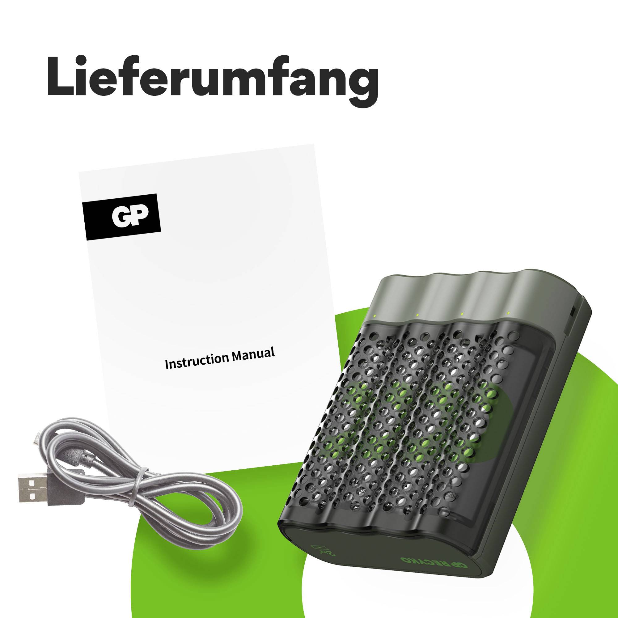 'Package contents' shows a battery charger with USB cable and instruction manual.