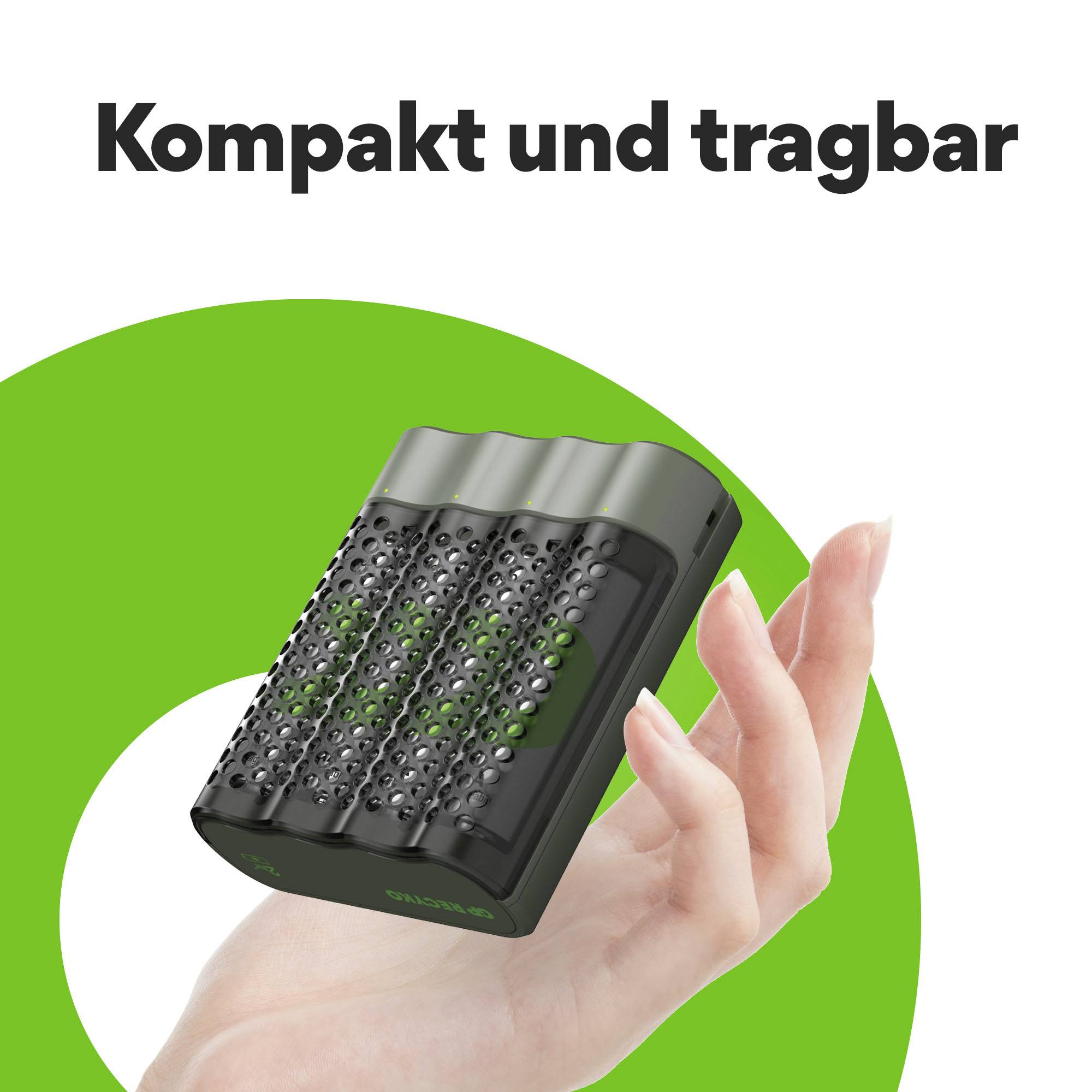 A hand holds a small, black speaker with the writing 'Compact and portable'.