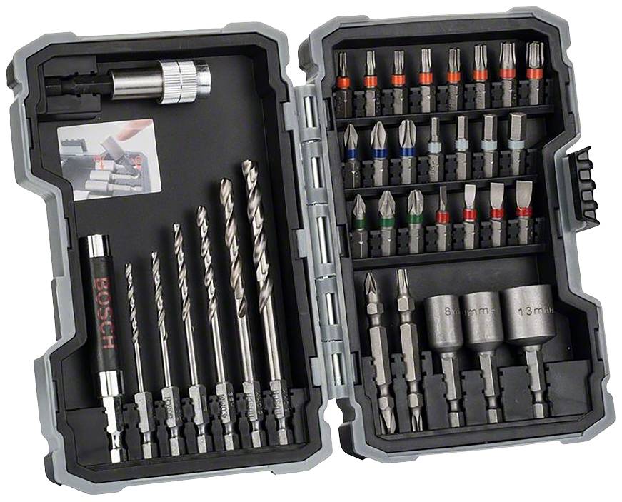 Drill and bit set in an open plastic box. Contains various metal drill bits and screwdriver bits. Brand name visible.