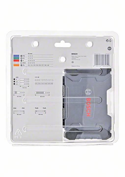 Black Bosch drill storage box, packaged in plastic. Contains size specifications and barcodes.