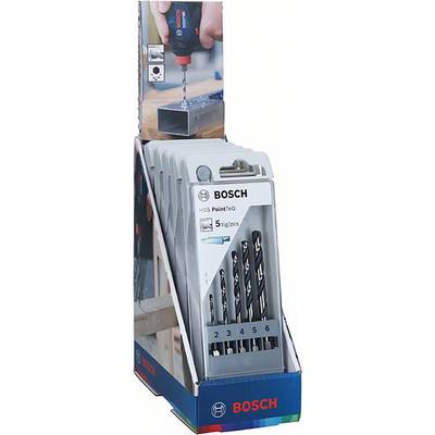 Bosch drill bits in a sales package, suitable for metal drilling. Shows five different sizes.