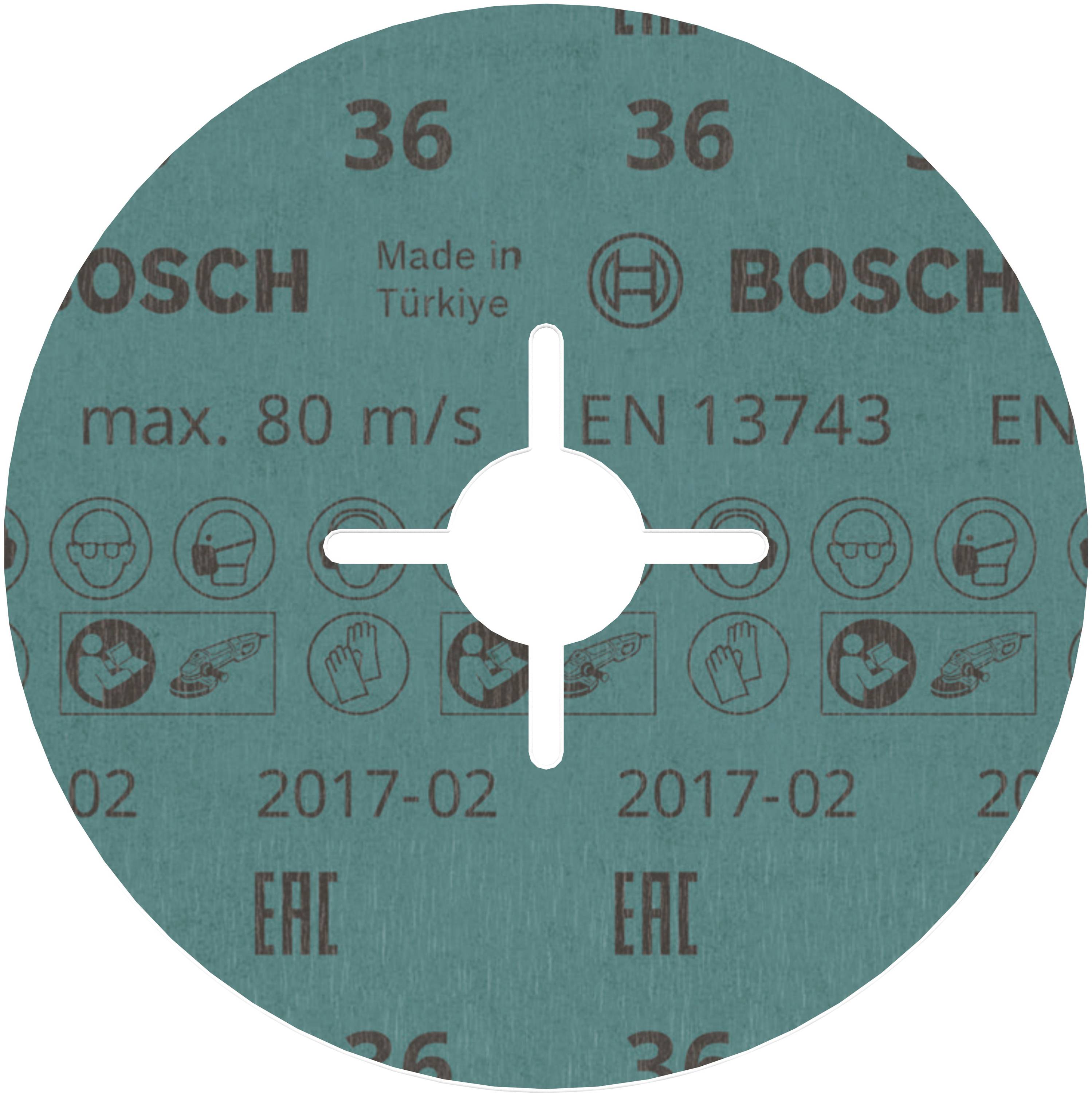 'Grinding disc with inscription "Bosch", maximum speed 80 m/s, EN 13743, manufactured in Turkey, EAC certification.'