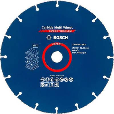Bosch saw blade, 'Carbide Multi Wheel' model, with red and blue markings. Suitable for various materials. Made in Switzerland.