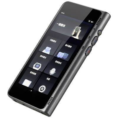 A black electronic device with a screen displays various symbols and buttons. It has three buttons on its side.