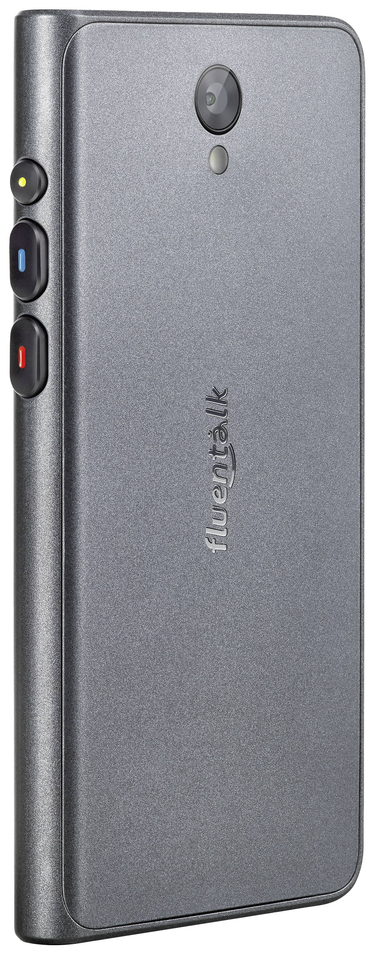 A grey, slender device with 'fluentalk' written on it, displaying a camera and coloured buttons on the side, presumably an electronic gadget.