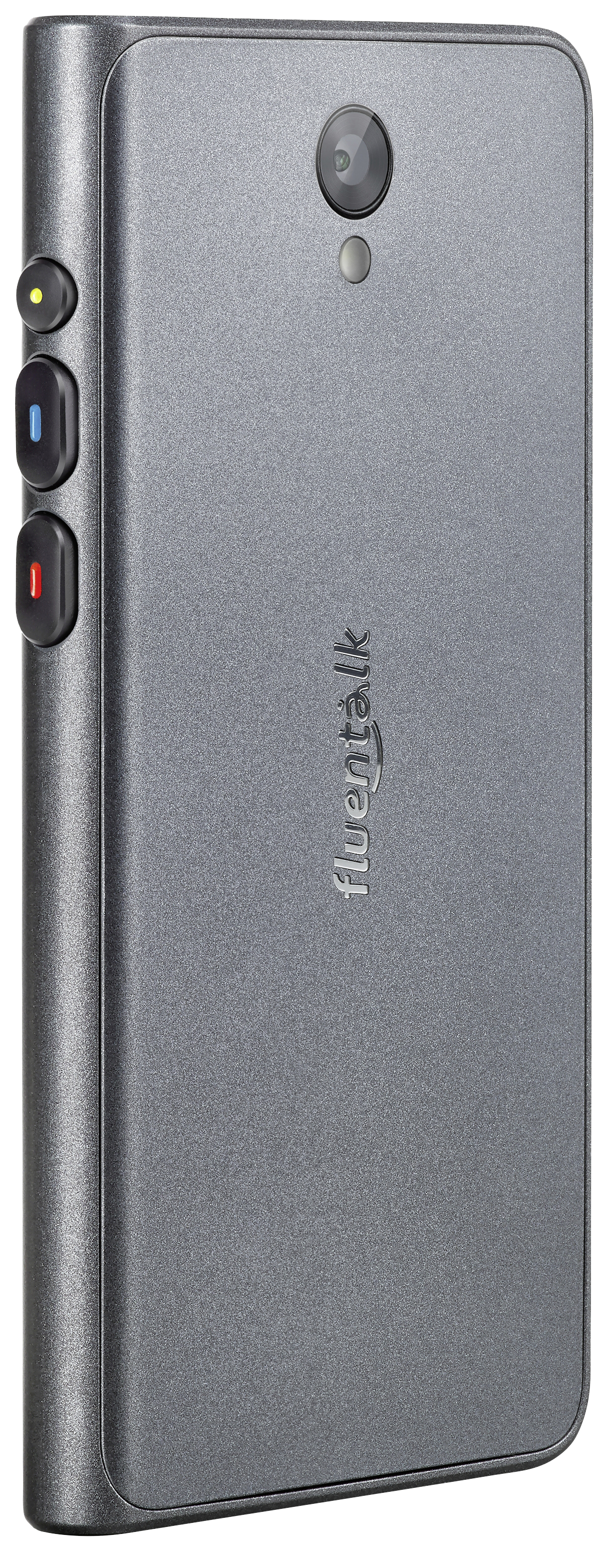 A grey, slender device with 'fluentalk' written on it, displaying a camera and coloured buttons on the side, presumably an electronic gadget.
