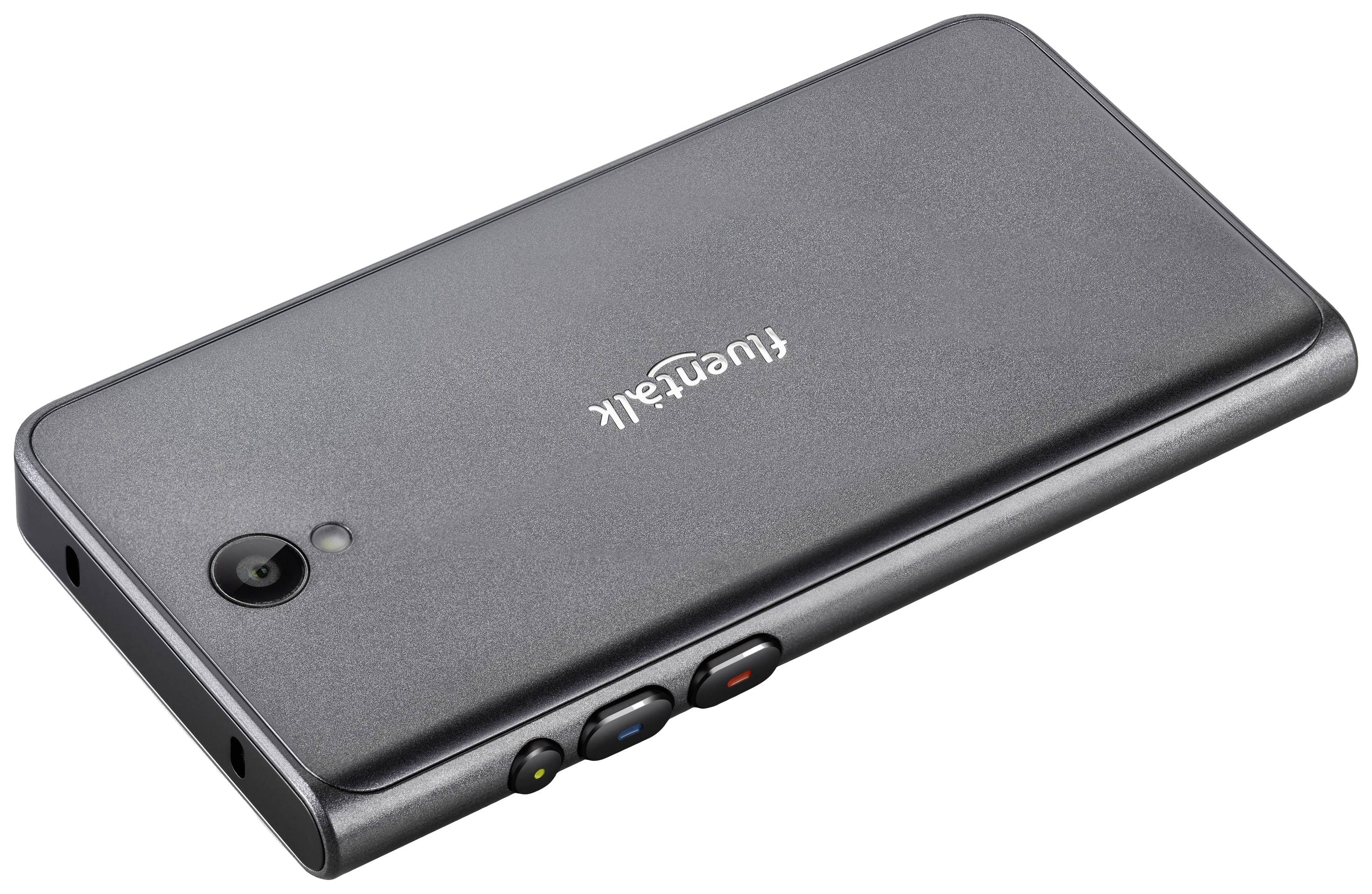 A grey, rectangular notepad device with rounded edges, a camera on the back and several buttons on the side.