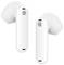 Two wireless white earbuds, ergonomically shaped, positioned side by side.