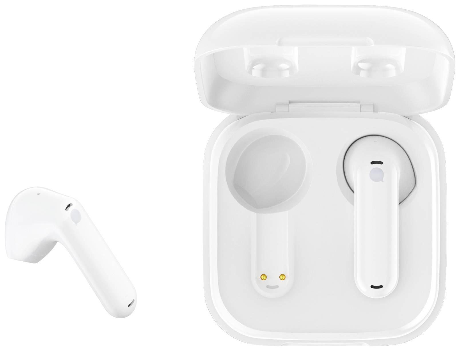 White wireless earbuds with charging case, partially open. Placed to showcase the earbud and magnetic charging pins.