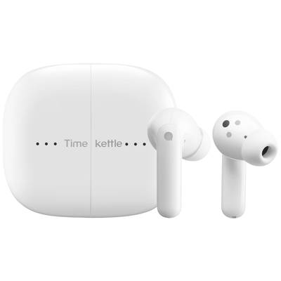 White wireless in-ear headphones and a case with the inscription 'Time kettle'.